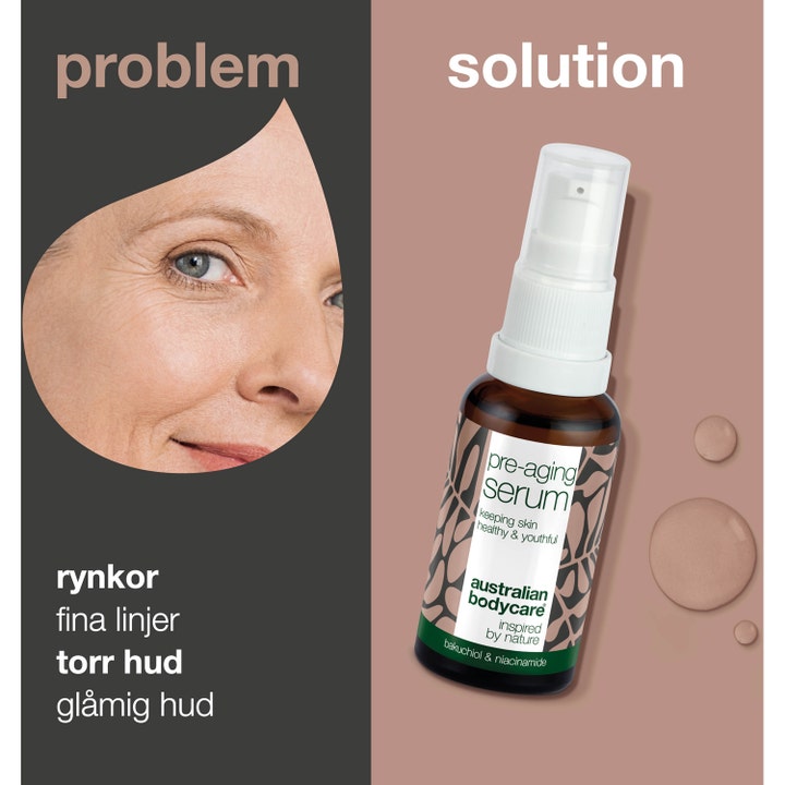 Australian Bodycare Pre-anti Age Serum 30 ml motvirker rynker og fine linjer i brun glassflaske med hvit pumpe.