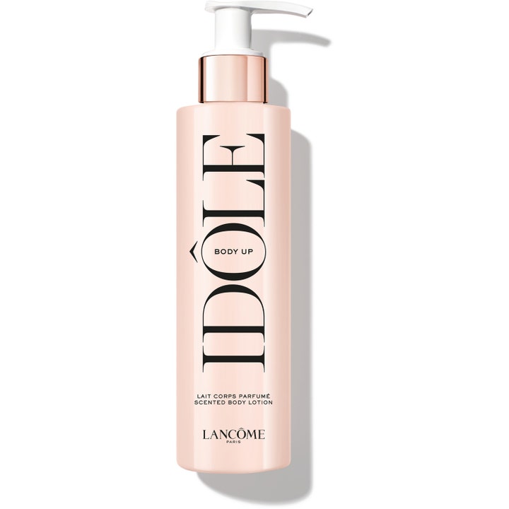 Lancôme Idôle Body Up 200ml parfymert body lotion i en slank ferskenfarget flaske med hvit og rosegull pumpe