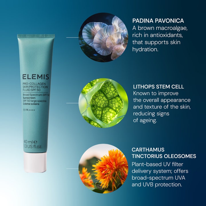 Elemis Pro-Collagen Skin Protection Fluid 40 ml solkrem ansikt SPF 50 i blå tube med fuktighetsgivende ingredienser