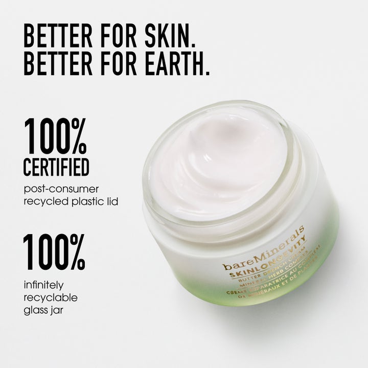 bareMinerals Skinlongevity Restorative Rich-Cream 50 ml styrkende ansiktskrem i resirkulerbar glasskrukke med fyldig tekstur