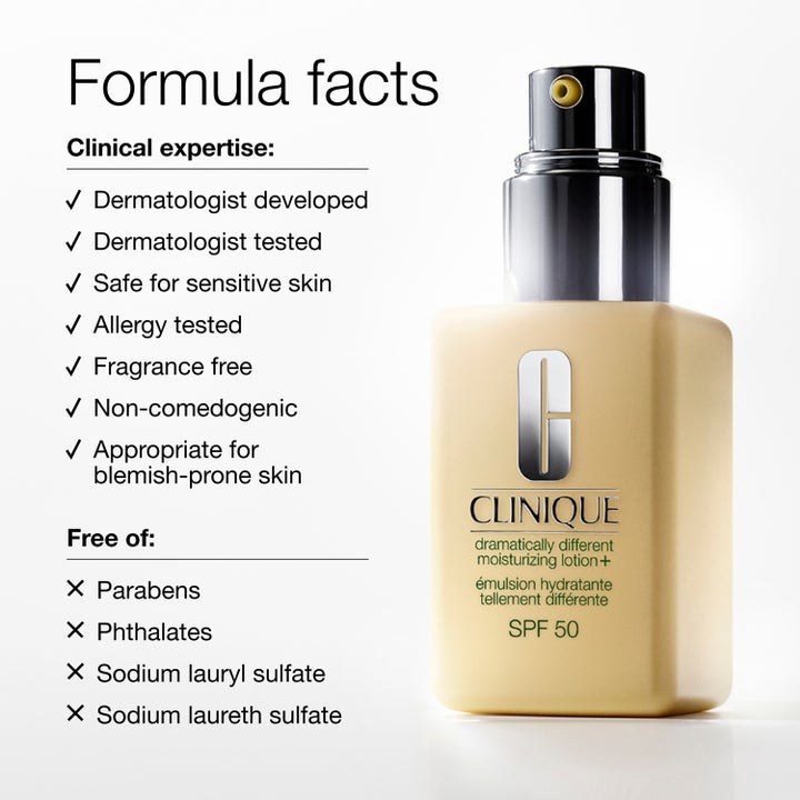 Clinique Dramatically Different SPF 50 50 ml dagkrem i gul pumpeflaske med tekst om allergitestet formel