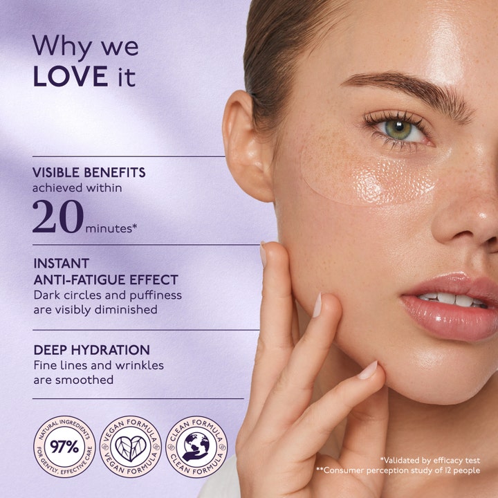 By Terry Hyaluronic Global Eye Patch 5 stk fuktighetsgivende øyemasker på kvinne med tekst om dyp hydrering