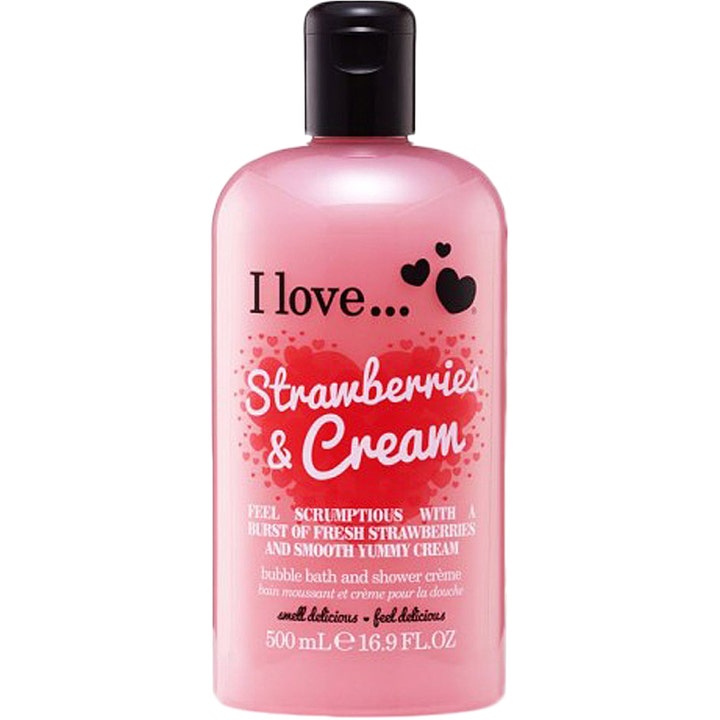 I Love Strawberries & Cream 500 ml badeskum og dusjkrem i en rosa plastflaske med sort flipplokk og hjertegrafikk