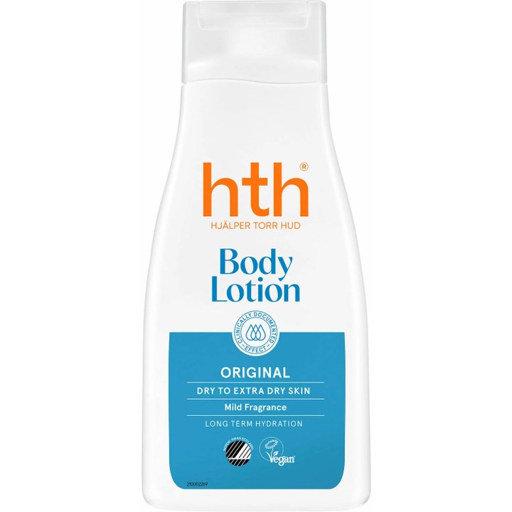 HTH Body Lotion Original fuktighetsgivende bodylotion for tørr hud i hvit plastflaske med blå detaljer og flipplokk