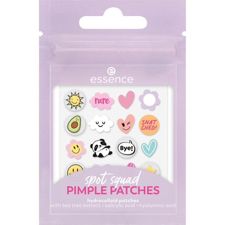 essence spot squad pimple patches 24 stk mot urenheter i lilla pose med fargerike klistremerker