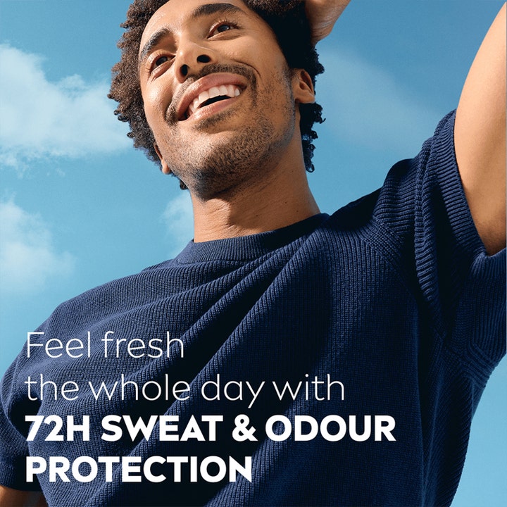 NIVEA MEN Fresh Active 50 ml roll-on deodorant gir 72 timers beskyttelse vist med smilende mann ute i dagslys