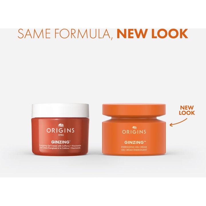 Origins Ginzing Energizing Gel Cream 50 ml energigivende ansiktskrem i oransje krukker med teksten New look.