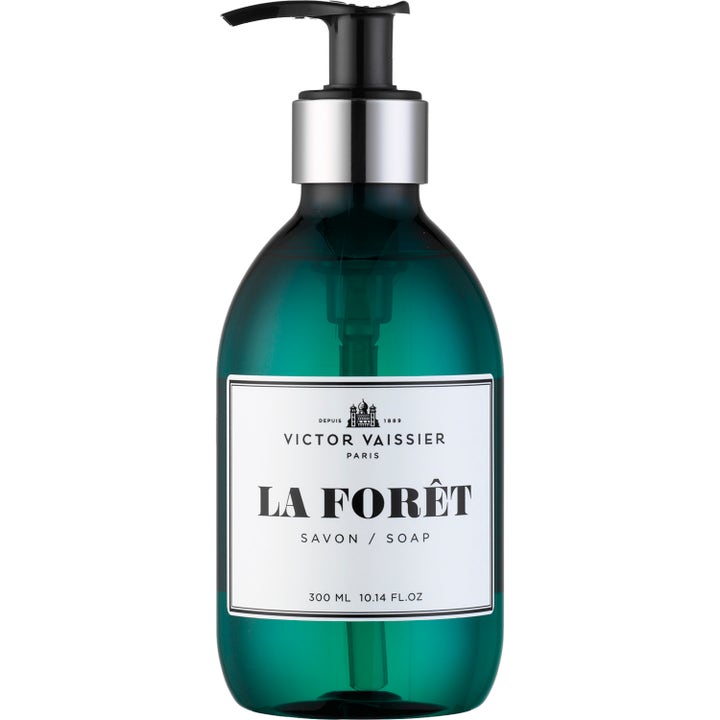 Victor Vaissier La Forêt 300 ml flytende håndsåpe i mørkegrønn flaske med sølvfarget pumpe og hvit etikett.