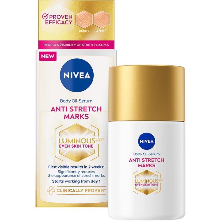Nivea Luminous 630 Anti Stretch Marks Body Oil-Serum mot strekkmerker i hvit flaske med matt gullkork