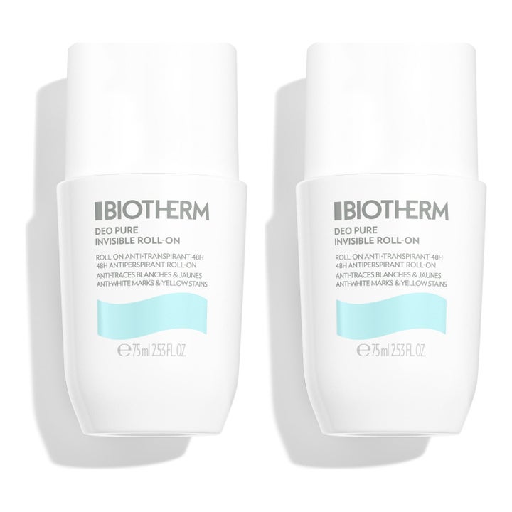 Biotherm Deo Pure Invisible Roll-On 2x75 ml antiperspirant som motvirker merker på to hvite flasker med lyseblå bølge