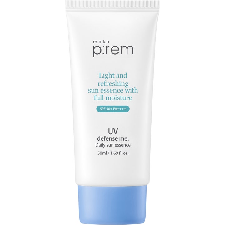 Make P:rem UV Defense Me Daily Sun Essence 50ml lett solkrem som gir fuktighet i hvit tube med blå kork.