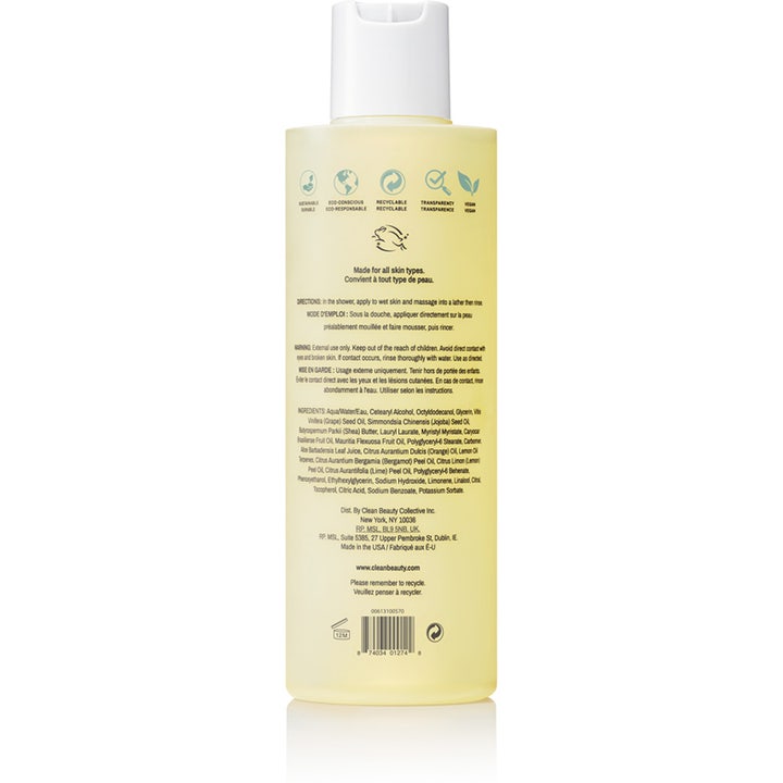 Clean Reserve Buriti & Aloe Shower Gel 296 ml dusjsåpe baksiden av flasken med ingrediensliste og veganske symboler