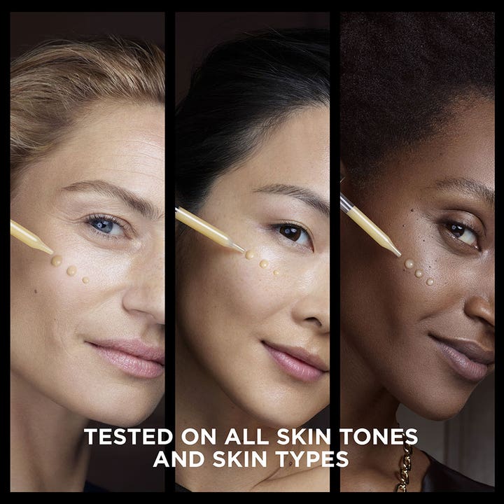 L'Oréal Paris Cell Renewal Midnight Serum 30 ml fornyende serum på tre ulike hudtoner med tekst Tested on all skin tones.