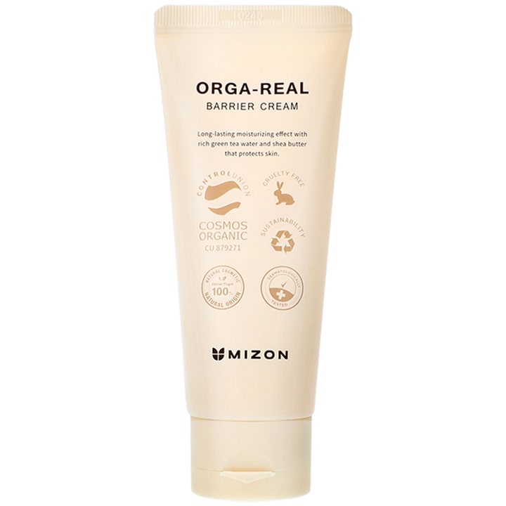 Mizon Orga-Real Barrier Cream fuktighetsgivende ansiktskrem i beige tube som styrker og beskytter hudbarrieren.