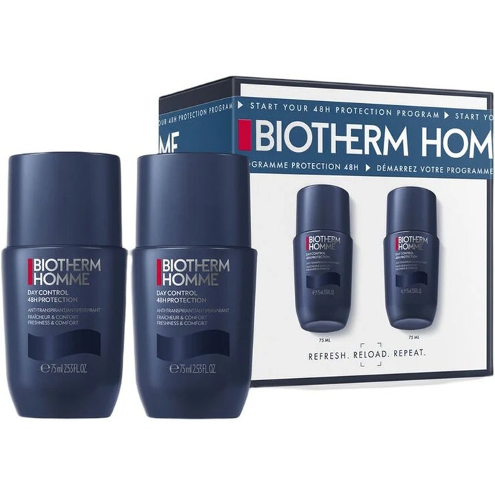 Biotherm Homme Day Control 2x75 ml antiperspirant duo som gir 48 timers beskyttelse i mørkeblå roll-on-flasker