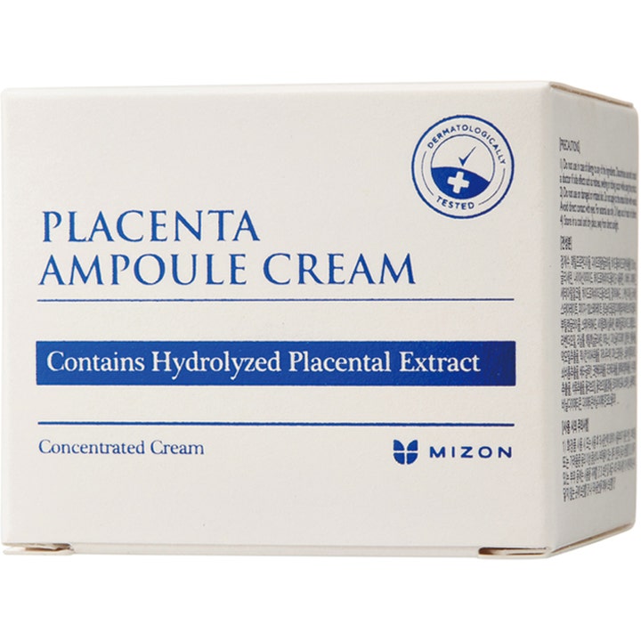 Mizon Placenta Ampoule Cream 50 ml ansiktskrem i hvit pappeske med blå tekst som gir intensiv pleie.
