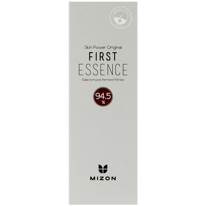 Mizon Skin Power Original First Essence fornyende ansiktspleie i en stilren grå eske med rød detalj.