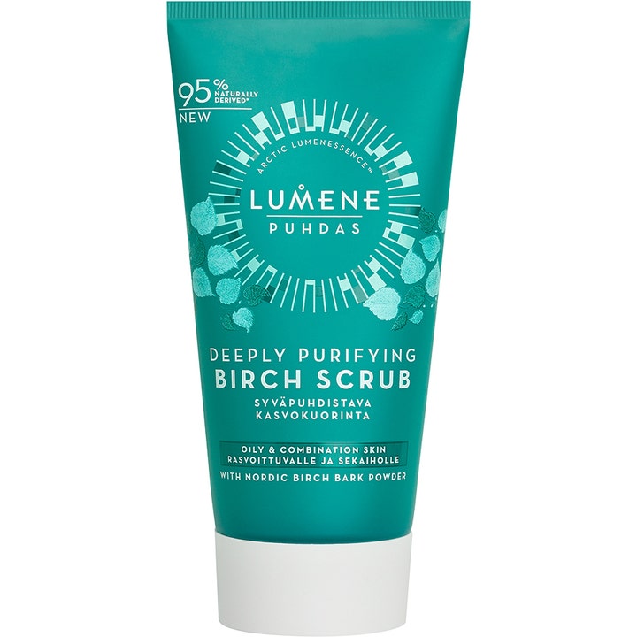 Lumene Puhdas Deeply Purifying Birch Scrub dyprensende ansiktsskrub i turkis tube med hvitt lokk og bladmønster.