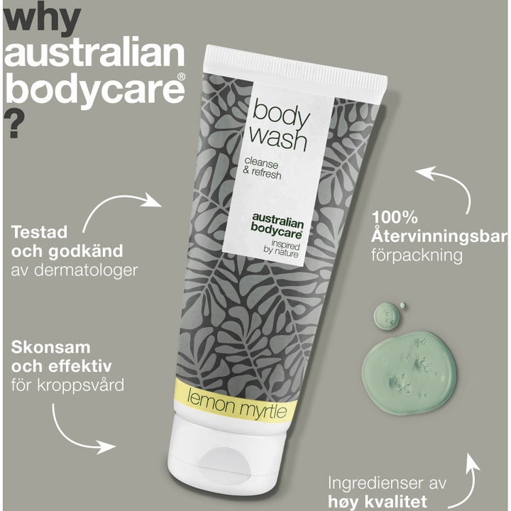Australian Bodycare Body Wash Lemon Myrtle 200 ml rengjørende dusjsåpe i hvit tube med bladmønster og lysegrønn gel