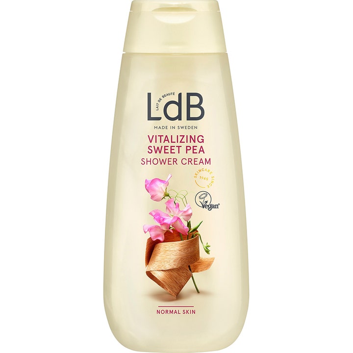 LdB Vitalizing Sweet Pea Shower Cream 250 ml vegansk dusjkrem i beige plastflaske med dekorative rosa erteblomster