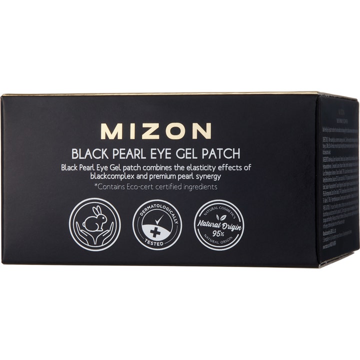 Mizon Black Pearl Eye Gel Patch 84 g øyemasker i svart eske med gullskrift som gir huden økt elastisitet.