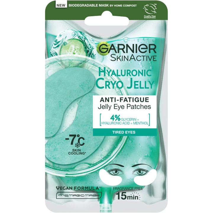 Garnier SkinActive Hyaluronic Cryo Jelly 1 par øyemaske mot trøtte øyne med kjølende grønne gelélapper og agurk.