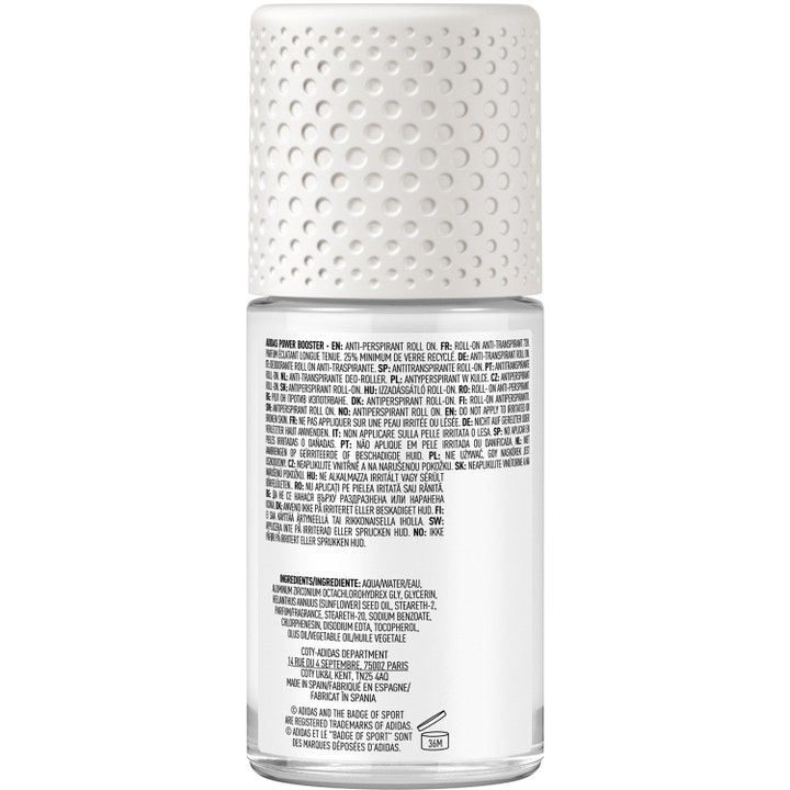Adidas Adipower Booster 50 ml roll-on deodorant gir beskyttelse i glassflaske med hvit mønstret kork og ingrediensliste