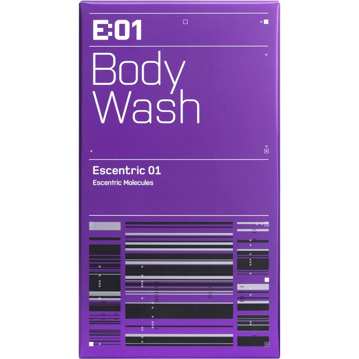 Escentric Molecules Escentric 01 200 ml rensende kroppsvask i lilla eske med hvit tekst og grafisk mønster