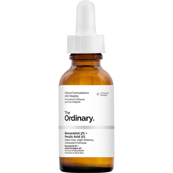 The Ordinary Resveratrol 3% + Ferulic Acid 3% 30 ml beskyttende serum i mørk glassflaske med hvit pipette
