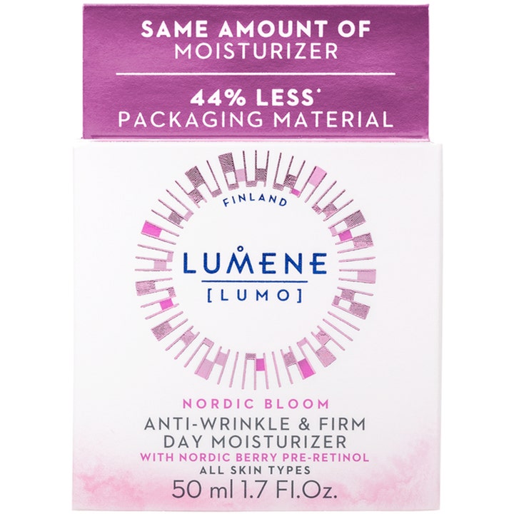 Lumene Nordic Bloom Anti-Wrinkle & Firm Day Moisturizer 50 ml oppstrammende dagkrem i eske med 44% mindre emballasje.