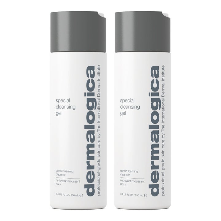 Dermalogica Special Cleansing Gel 250 ml skånsom ansiktsrens i to hvite plastflasker med grå korker