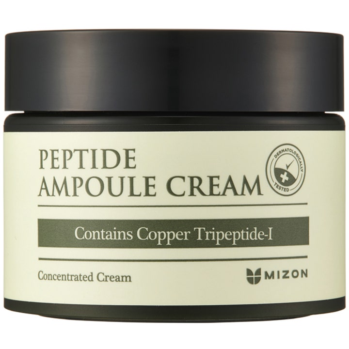 Mizon Peptide Ampoule Cream styrkende ansiktskrem med kobberpeptider i en mørk krukke med lys etikett.
