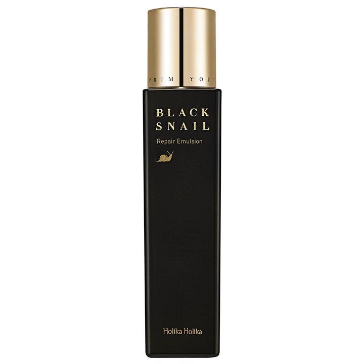 Holika Holika Prime Youth Black Snail Repair Emulsion 160 ml reparerende ansiktsemulsjon i sort flaske med gullkork