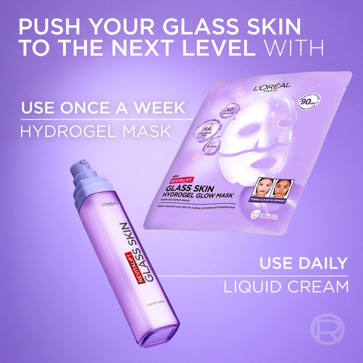 L'Oréal Paris Revitalift Filler Glass Skin 1 stk hydrogelmaske og flytende krem som gir fukt og glød