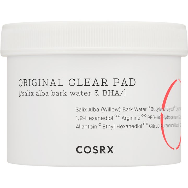 COSRX Original Clear Pad 70 stk eksfolierende toner pads med BHA som gir renere hud i hvit krukke med røde detaljer.