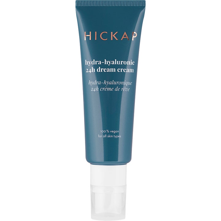 Hickap Hydra-hyaluronic 24h dream cream fuktighetsgivende ansiktskrem i blågrønn tube med gjennomsiktig pumpe