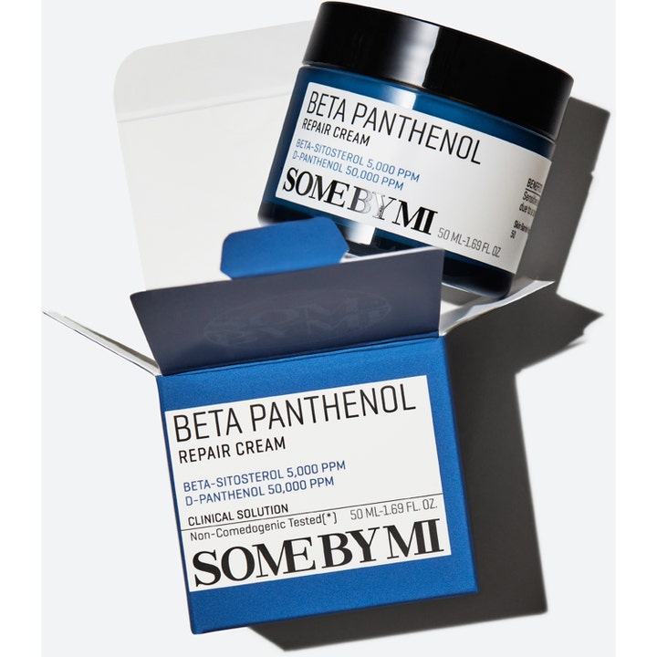 Some By Mi Beta Panthenol Repair Cream 50 ml reparerende ansiktskrem med D-pantenol i mørkeblå krukke og eske.