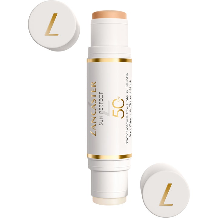 Lancaster Sun Perfect Airy Clear & Tinted Duo Stick 13 g solkrem i hvit hylse med farget og klar stift