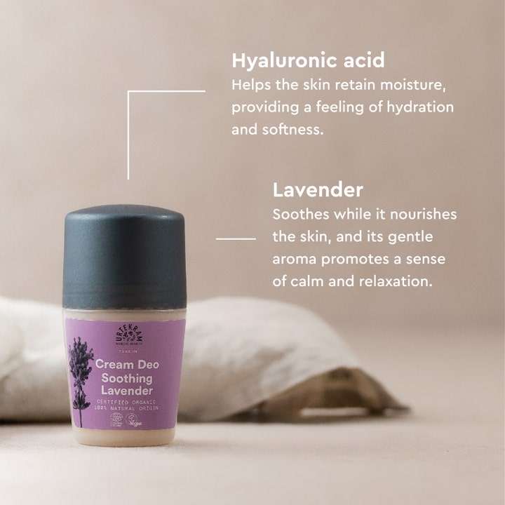Urtekram Soothing Lavender Deo 50 ml beroligende kremdeodorant med hyaluronsyre og lavendel i lilla flaske