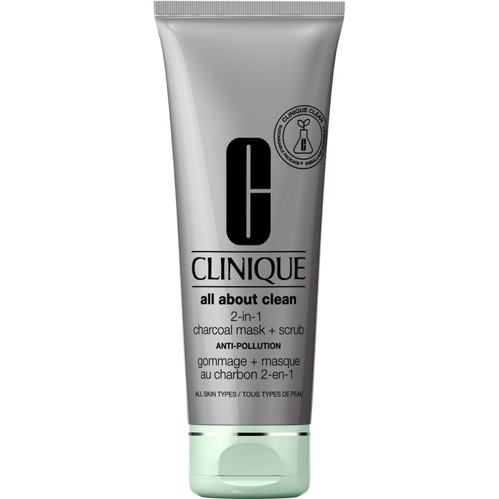 Clinique All About Clean 2-in-1 Charcoal Mask + Scrub eksfolierende ansiktsmaske i grå tube med lysegrønn kork
