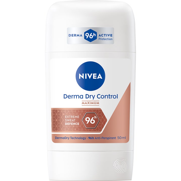 Nivea Derma Dry Control Maximum 50 ml anti-perspirant stick gir 96 timers beskyttelse i hvit forpakning med bronsedetaljer.