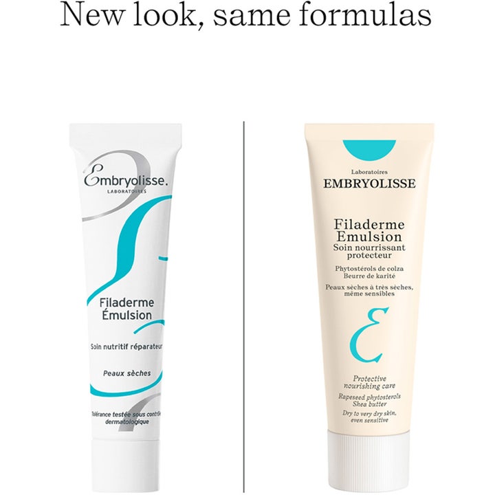 Embryolisse Filaderme Emulsion 75 ml nærende ansiktskrem i ny beige og gammel hvit tube med teksten New look.