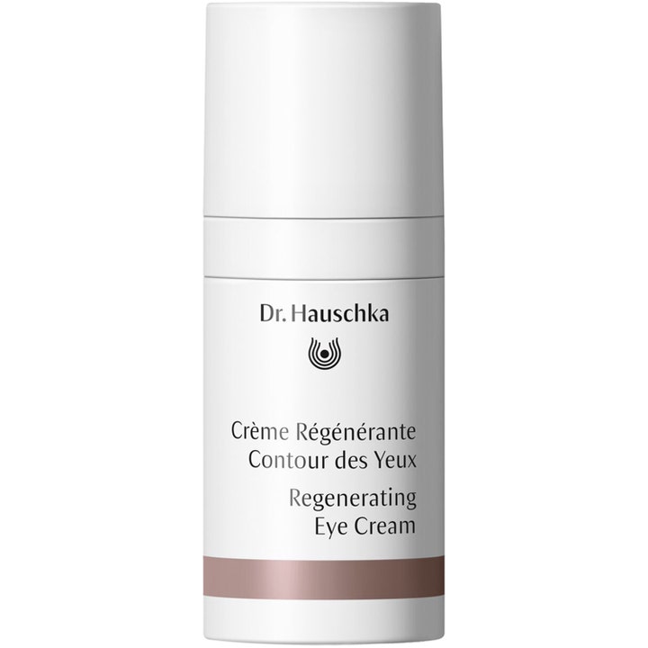 Dr. Hauschka Regenerating Eye Cream oppstrammende øyekrem i hvit sylindrisk pumpeflaske med en tynn brun stripe.