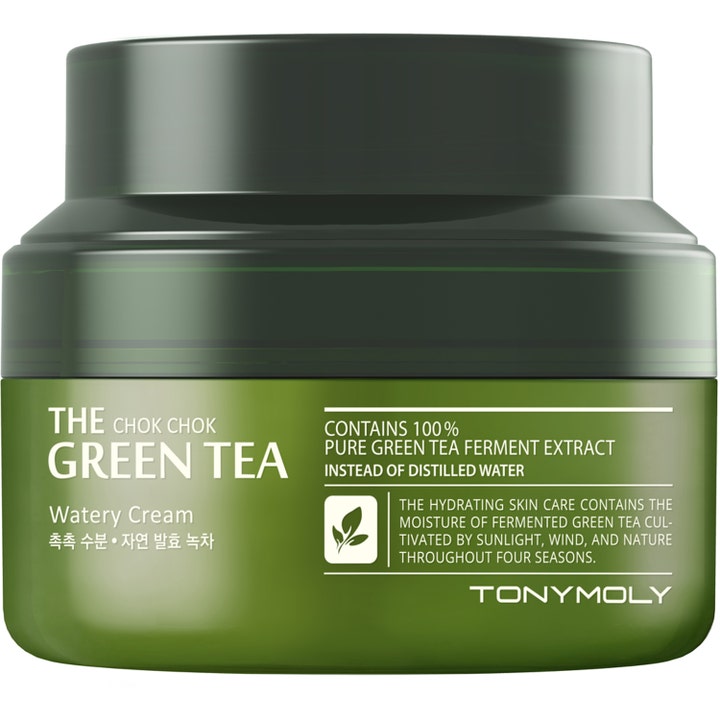 TonyMoly The Chok Chok Green Tea Watery Cream 60ml fuktighetsgivende ansiktskrem i grønn krukke med mørkegrønt lokk