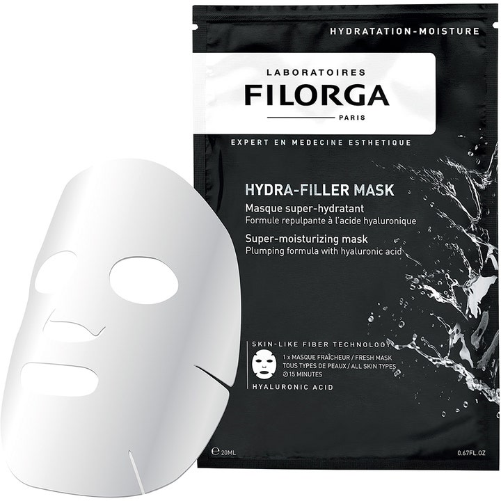 Filorga Hydra-Filler Mask 23 g fuktighetsgivende sheet mask med hvit ansiktsmaske foran sort emballasje