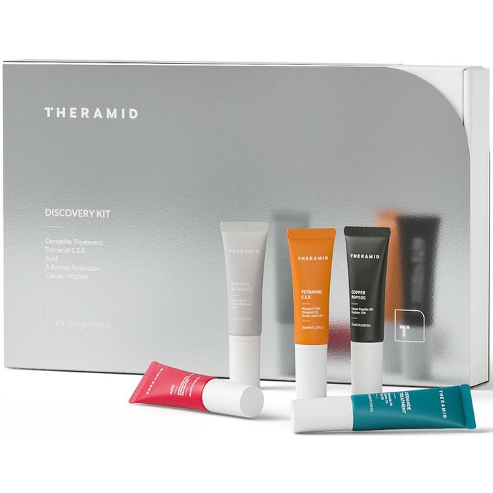 Theramid Discovery Kit 5x10ml hudpleiesett med fem fargerike tuber foran en sølvfarget eske.