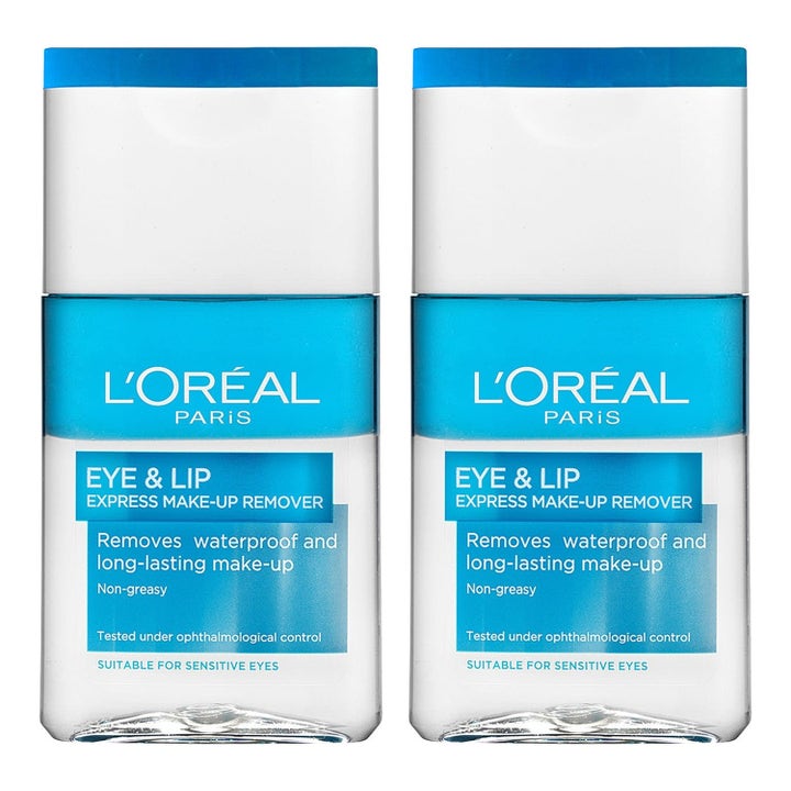 L'Oréal Paris Eye & Lip Express Make-up Remover 2-pakning fjerner vannfast sminke to flasker med blå tofaset væske