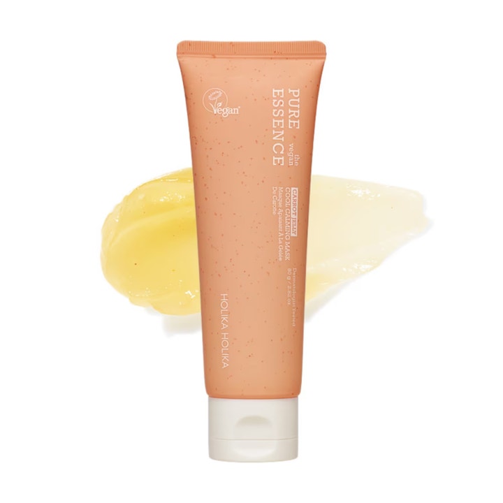 Holika Holika Pure Essence Carrot Jelly Cool Calming Mask 80g beroligende ansiktsmaske i ferskenfarget tube med gul gelé.