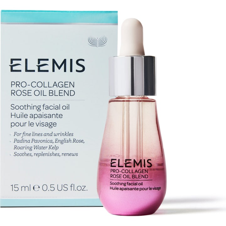 Elemis Pro-Collagen Rose Facial Oil 15 ml beroligende ansiktsolje i rosa gradient glassflaske og hvit eske