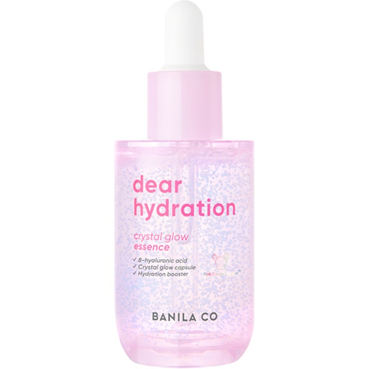 Banila Co Dear Hydration Crystal Glow Essence fuktighetsgivende serum i rosa flaske med lilla kapsler.